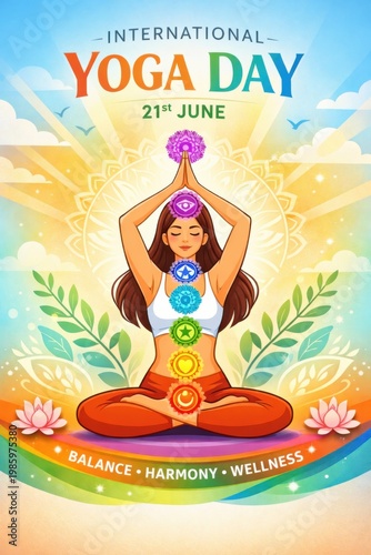 International Yoga Day, woman in yoga pose with chakras