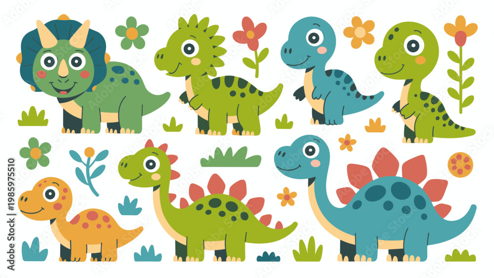 Naklejka premium Cute Dinosaur Vector Set Smiling Baby Dino Characters with Nature Elements