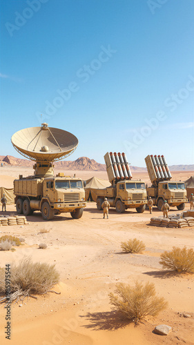 Array of specialized vehicles including radar unit and missile launchers deployed in desert environment. Armed forces personnel standing near equipment during daytime operations.