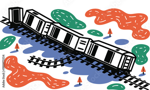 A train is shown on train tracks with abstract shapes around it