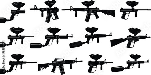 Paintball gun silhouettes collection with markers and air tanks, recreational sport equipment, shooting game gear, tactical hobby, vector illustration set