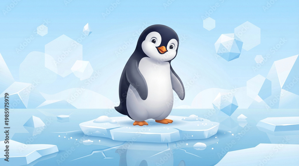 Obraz premium Adorable Baby Penguin with Soft Gradient Ice Scene Educational Design
