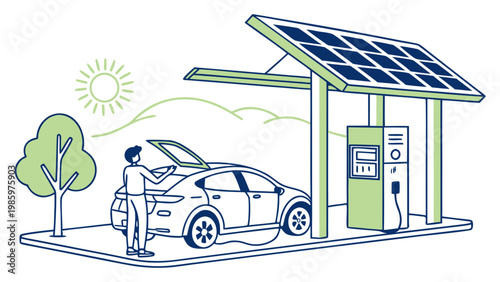 Renewable energy concept with electric car charging at solar station, sustainable technology illustration showing clean power and eco friendly transport