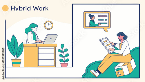 Hybrid work concept with remote and office employees collaborating online, modern flexible workplace illustration showing digital communication and productivity