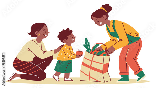 Family grocery shopping scene with parents and child carrying food bag, everyday lifestyle illustration showing care, parenting and domestic activity in modern flat style