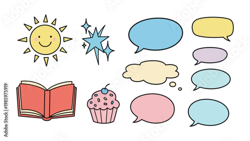 Whimsical Symbols and Illustrations: A collection of cheerful icons, including a radiant sun, sparkling stars, thought bubbles, an open book, and a delightful cupcake.