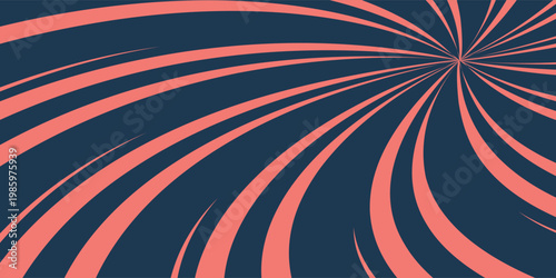 Abstract vector sunburst background with spiral coral rays on dark blue. Retro psychedelic swirl pattern, radial comic burst, or whirlpool motion design.