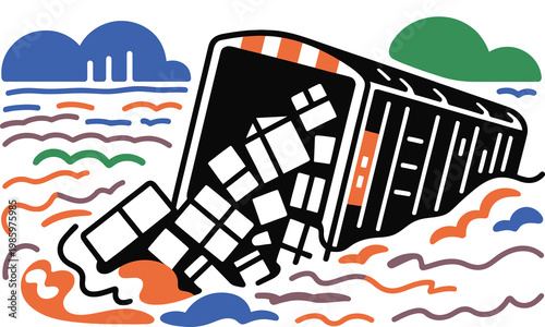 A colorful illustration of a train derailment on a white background with abstract lines and shapes