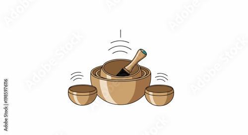 Three Tibetan singing bowls with a mallet creating calming sound waves