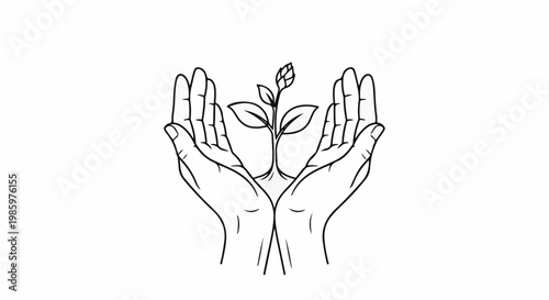 Two hands cradle a small plant, symbolizing care and growth