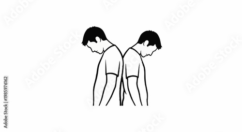 Two figures in profile, heads bowed, backs to each other, black outlines