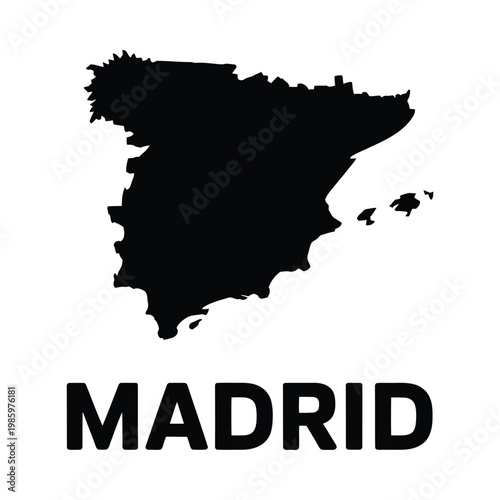 A stark black silhouette of the iberian peninsula with spain prominently displayed and madrid text