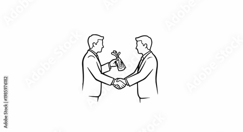 Two men in suits shake hands as one gives the other a money bag