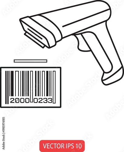 Handheld barcode scanner reading product label icon with scanning, inventory