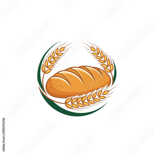 Freshly baked bread loaf with wheat ears in a circular emblem design.