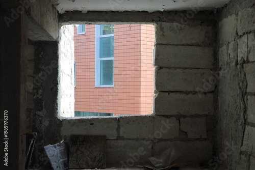 Reconstruction of an old building. The building has been dismantled to its supporting structures.