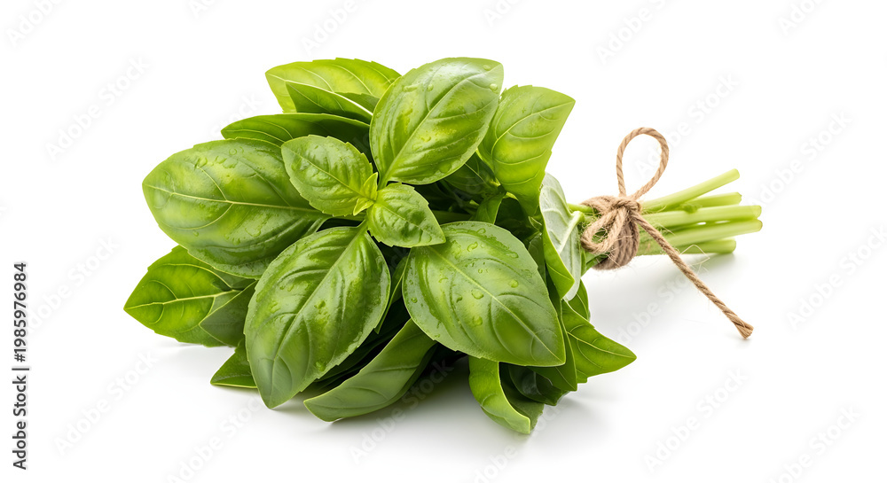 Fototapeta premium A bunch of fresh basil leaves tied with twine on a white background