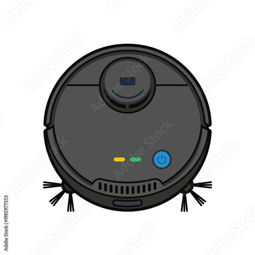 Flat robot vacuum icon, round shape, grid style, minimal buttons, clean design.
