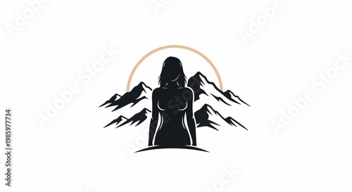 Silhouette of a female torso against a mountain range backdrop