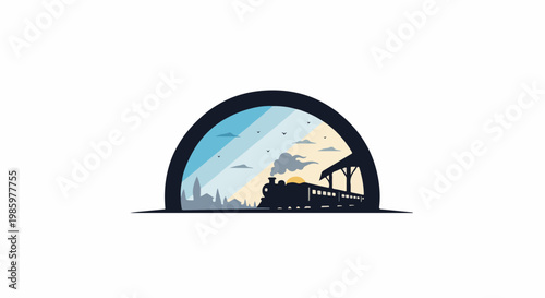 Silhouette of a train arriving at a station under an archway