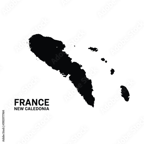 A striking black silhouette map of new caledonia with the country name france displayed below