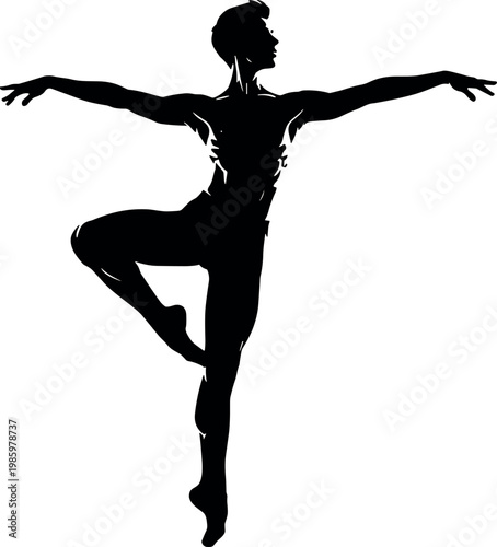 Ballet Dancer Silhouette Balance Pose Elegant Male Performer Vector Illustration