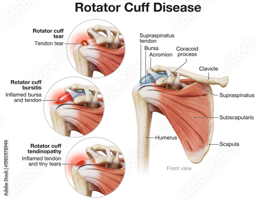 Rotator Cuff Disease . Medical Illustration of Tear, Bursitis, and Tendinopathy. Labeled