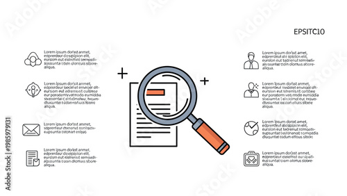 Data analysis concept: A visually compelling infographic illustrating data analysis. a magnifying glass over the document on a minimalist design, with icons representing key concepts.