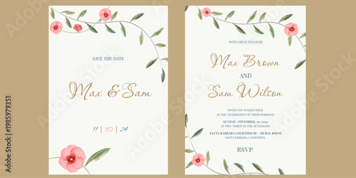 Rustic Wedding Invitation Template for Bride and Groom Couple, Romantic Celebration with Watercolor Floral Frame