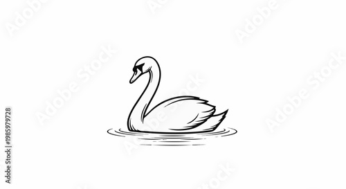 Elegant black and white illustration of a swan gracefully floating on rippling water