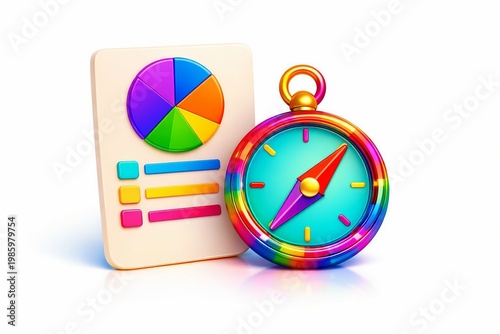 Analytical tools represented by a compass, pie chart, and bar graph.