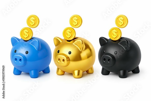 Three piggy banks with coins stacked atop each one in different colors