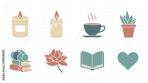 Cozy Serenity: A collection of charming illustrations evoking feelings of peace and relaxation, featuring candles, a cup of tea, potted plant, a stack of books, a lotus flower, open book, and a heart.