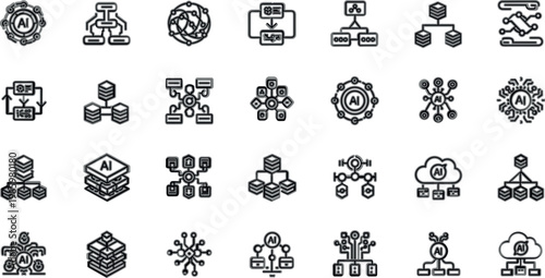 Artificial intelligence and machine learning line icons set with neural networks, data processing, cloud computing and automation symbols