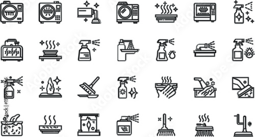 Cleaning and household chores line icons set with washing, disinfecting, kitchen tasks and sanitation tools, outline vector illustration