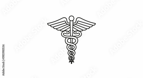 Black and white line drawing of the caduceus medical symbol