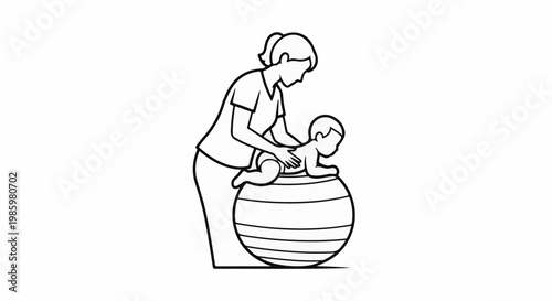 Adult assisting baby in gentle exercises on a large stability ball