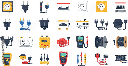 Electrical equipment and wiring tools vector set with plugs, sockets, testers, cables and measuring devices illustration collection
