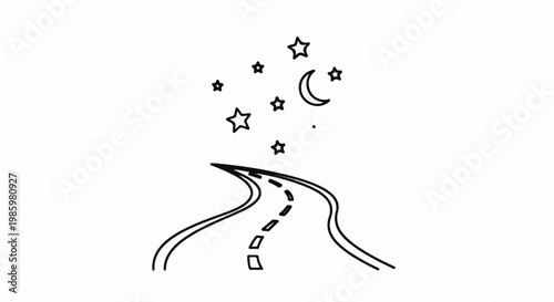A winding road curves under a starry night sky with a crescent moon