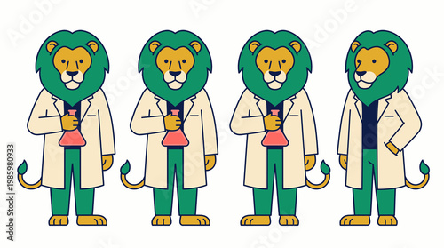 Lion scientist character set in lab coat holding flask