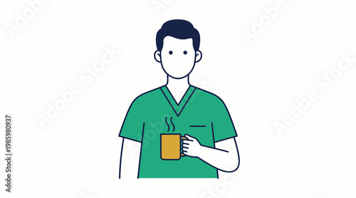 Male Nurse in Green Scrubs Holding a Hot Coffee Cup Illustration