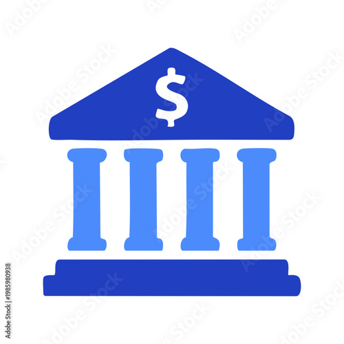 Blue bank building icon with dollar sign, financial institution symbol
