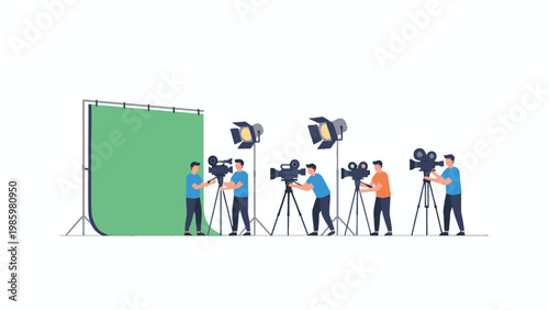 Film Production Crew Operating Cameras in Studio with Green Screen