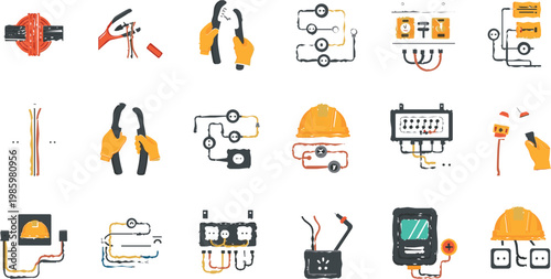 Electrical wiring and installation vector set with tools, cables, circuits, safety helmet and power systems illustration collection