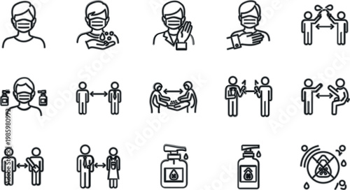 Health safety and hygiene line icons set with mask wearing, hand sanitizing, social distancing and prevention measures vector illustration
