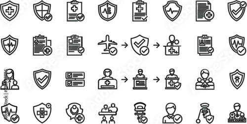 Insurance and protection line icons set with health, travel, medical, security and policy symbols, outline vector illustration collection