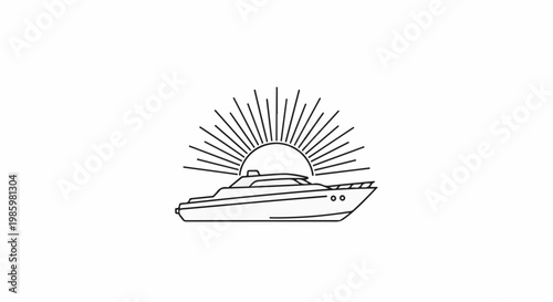 A sleek yacht cruises under a stylized sunburst