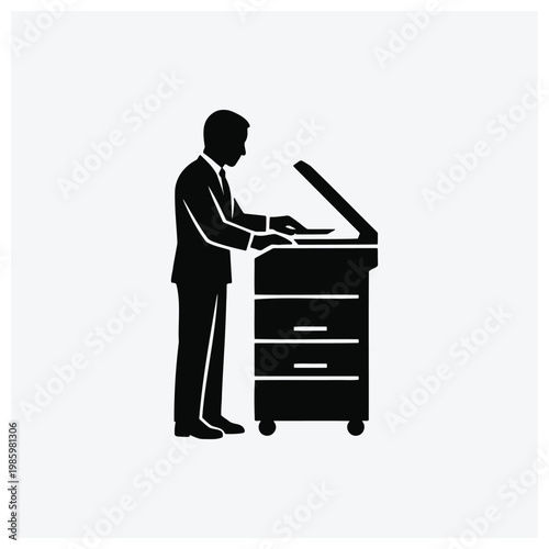 Silhouette of man at rolling cabinet or dresser