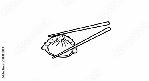 A simple line drawing of a dim sum dumpling held by chopsticks
