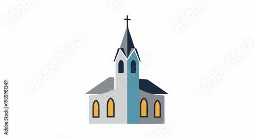 Stylized illustration of a simple church with a steeple, windows, and roof